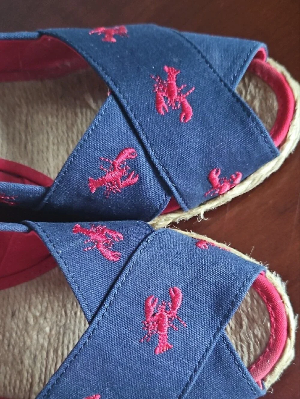 Ralph Lauren Navy Espadrille Wedge with Red Lobster Embroidery